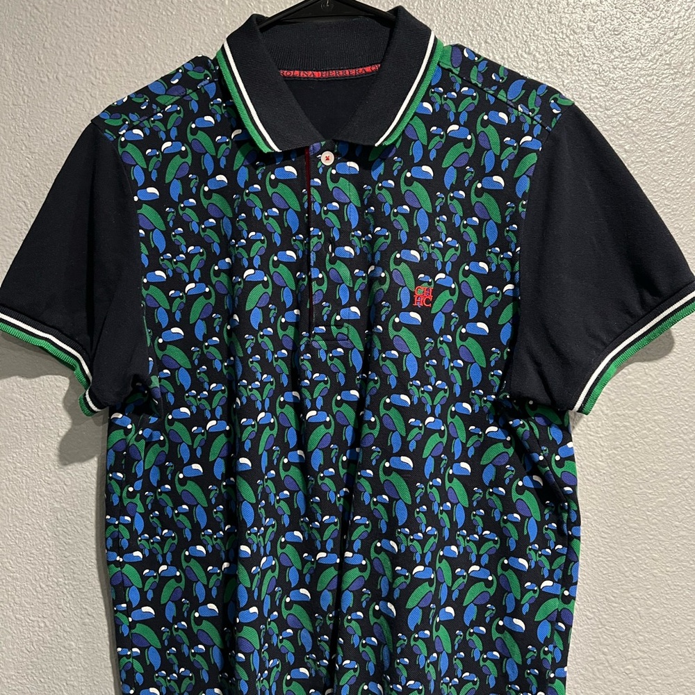 Carolina Herrera Black Polo with Blue and Green Pattern